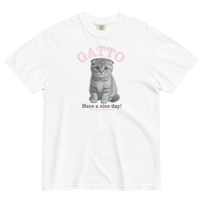 White t-shirt with a cat graphic and text on a white background