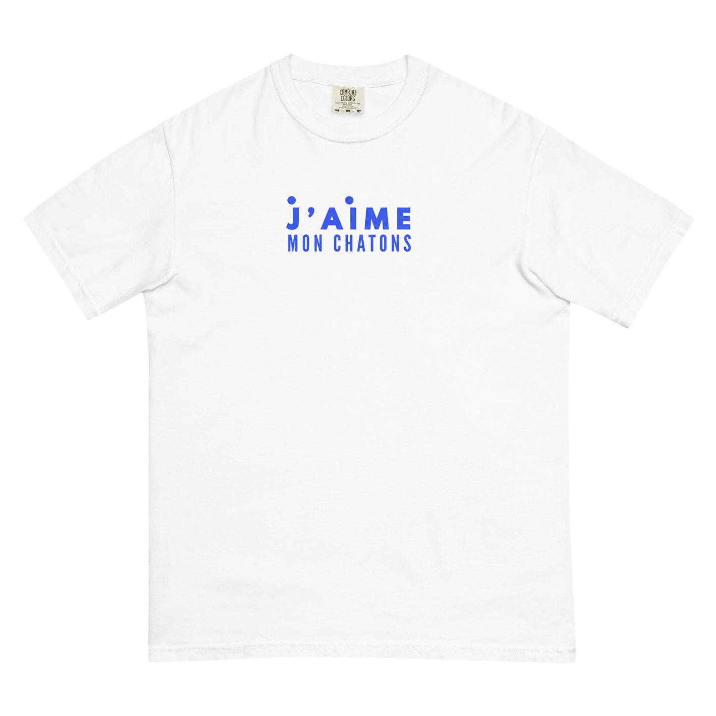 White t-shirt with blue text on a white background