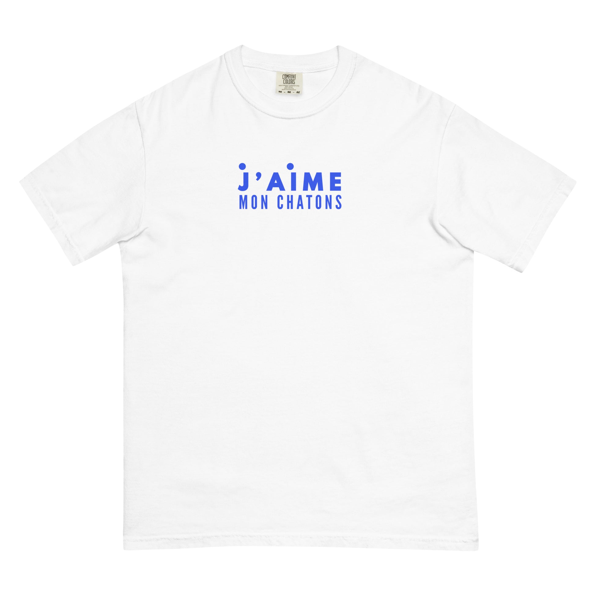 White t-shirt with blue text on a white background
