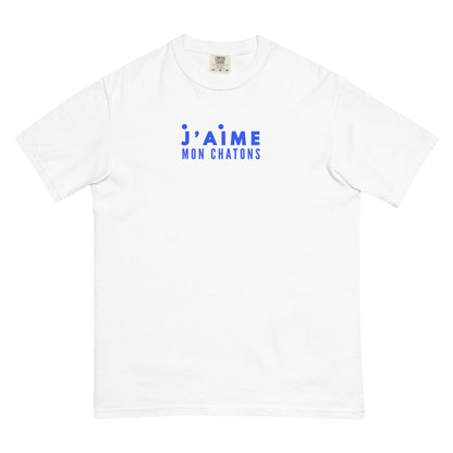 White t-shirt with blue text on a white background