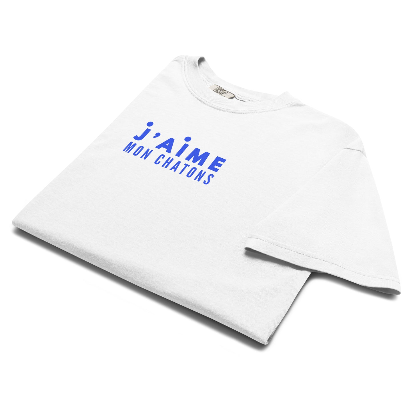 White t-shirt with blue text on a white background