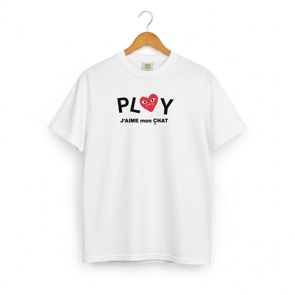White t-shirt with black text and red heart design on a white background