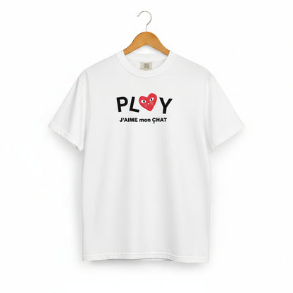White t-shirt with black text and red heart design on a white background