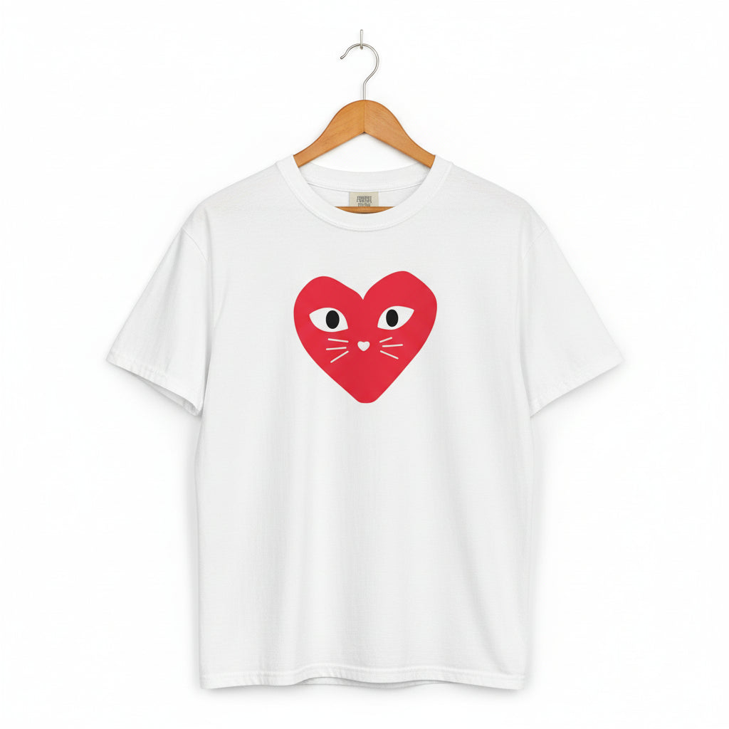 White t-shirt with a red heart design featuring eyes and a mouth on a white background