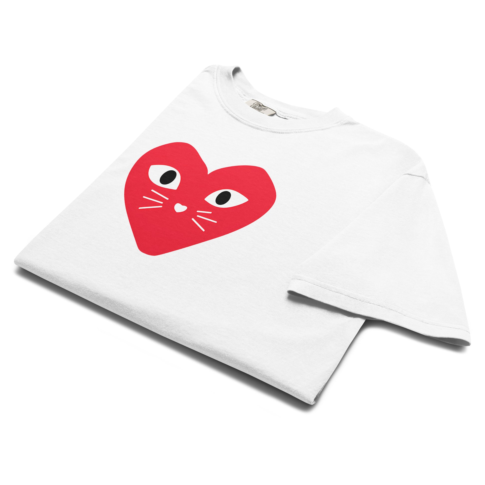 White t-shirt with a red heart design featuring cat ears and whiskers on a white background