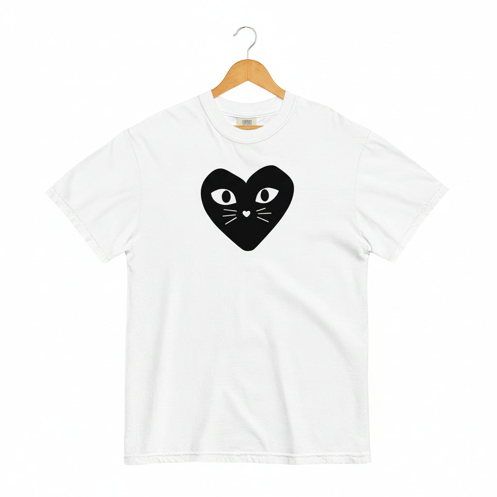 White t-shirt with a black heart-shaped cat design on a white background