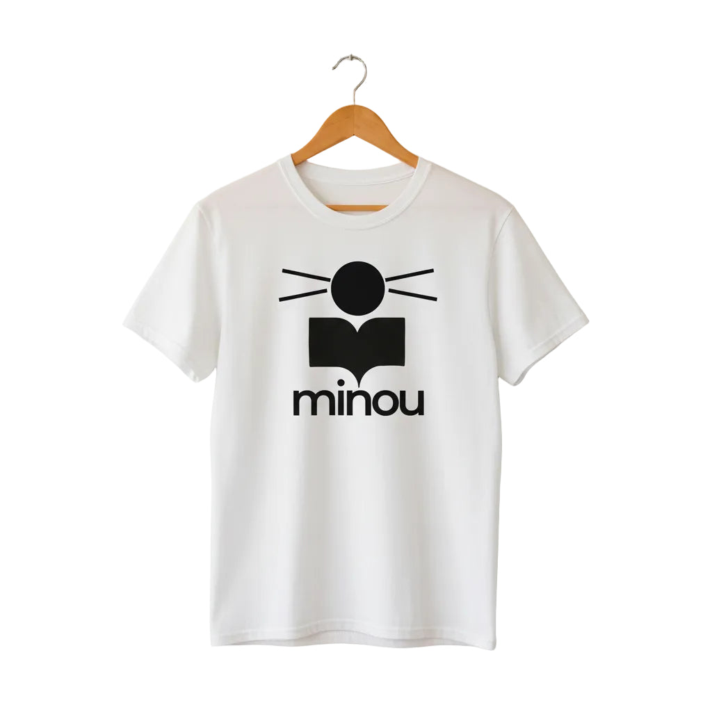 White t-shirt with black logo and 'minou' text on a white background