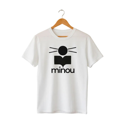 White t-shirt with black logo and 'minou' text on a white background