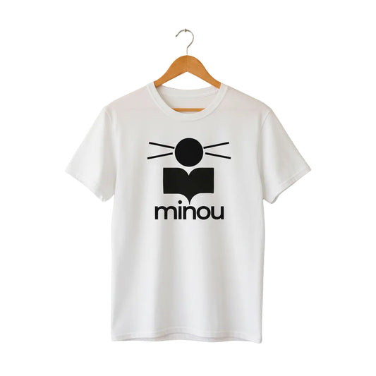 White t-shirt with black logo and 'minou' text on a white background