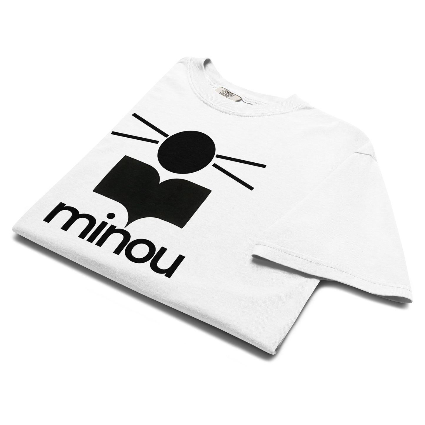 White t-shirt with black logo and 'minou' text on a white background