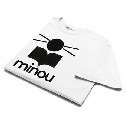 White t-shirt with black logo and 'minou' text on a white background