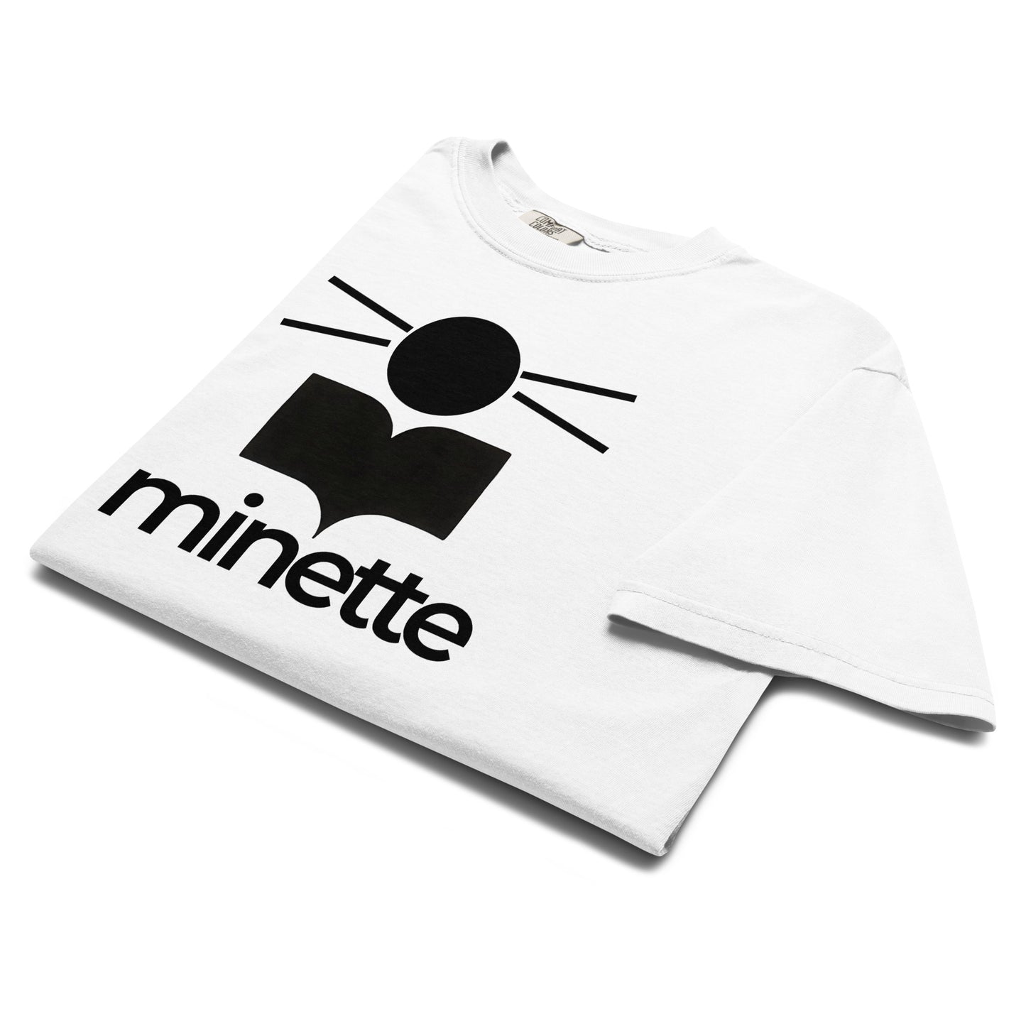 White t-shirt with black logo and text on a white background