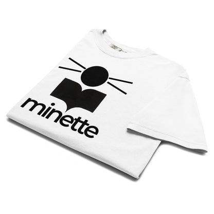 White t-shirt with black logo and text on a white background