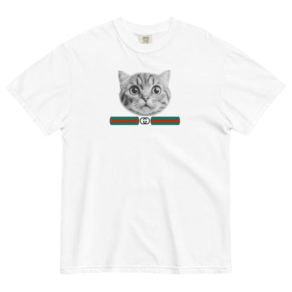 White t-shirt with a cat graphic and GG inspired logo on a white background