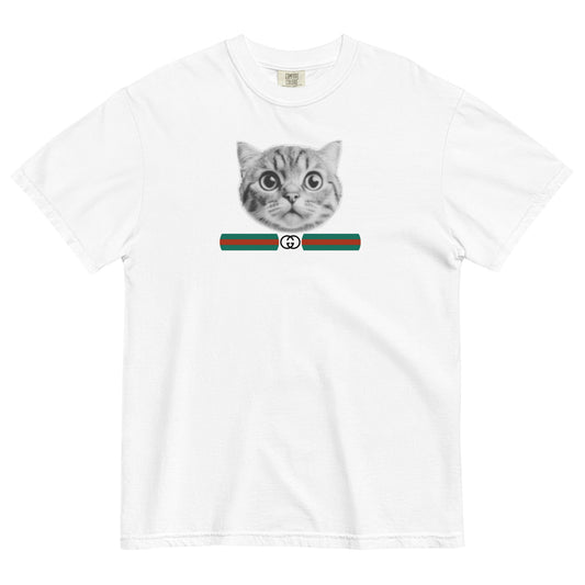 White t-shirt with a cat graphic and GG inspired logo on a white background
