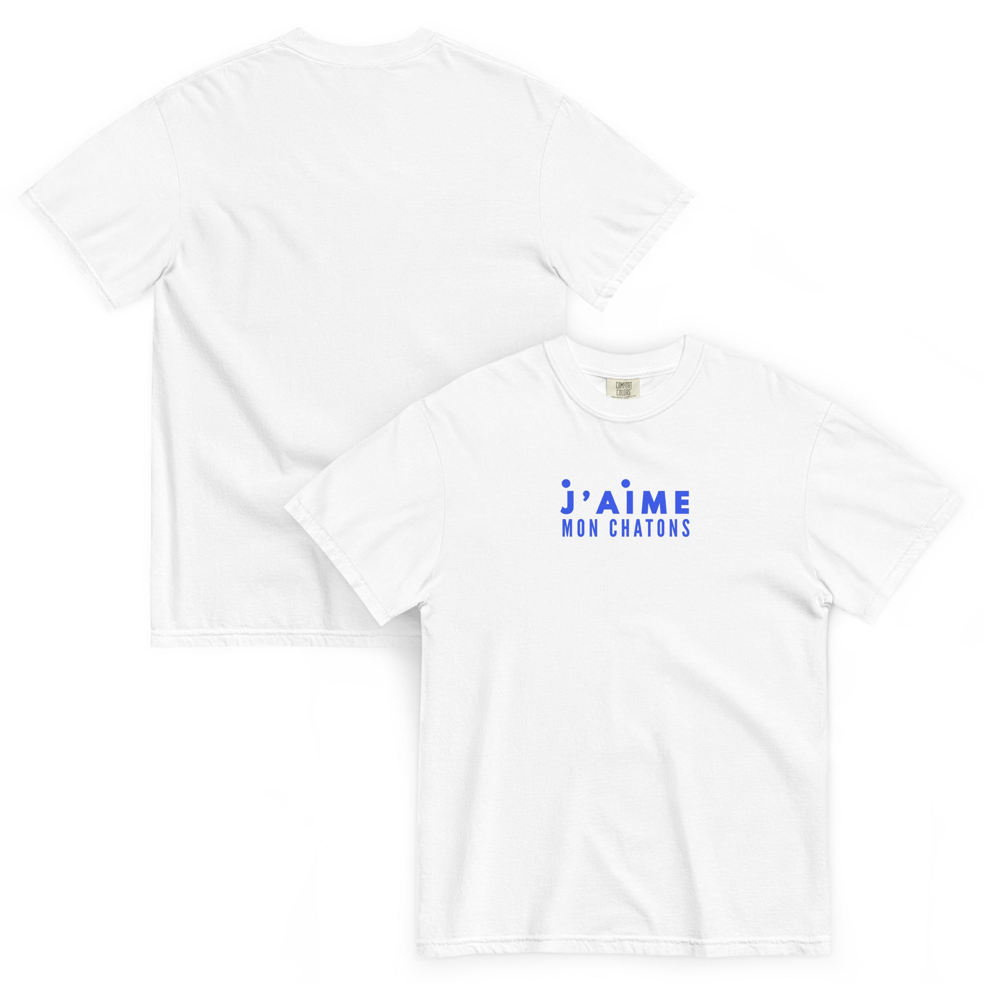 White t-shirt with blue text 'j'aime mon chatons' on a white background