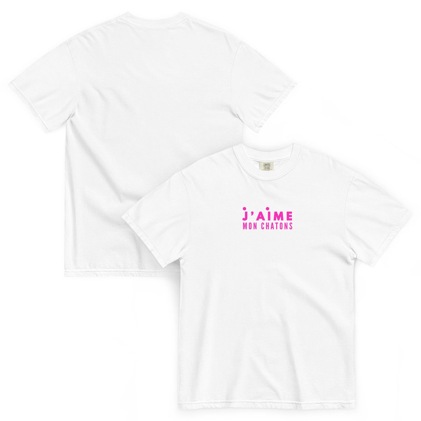 White t-shirt with pink text on a white background