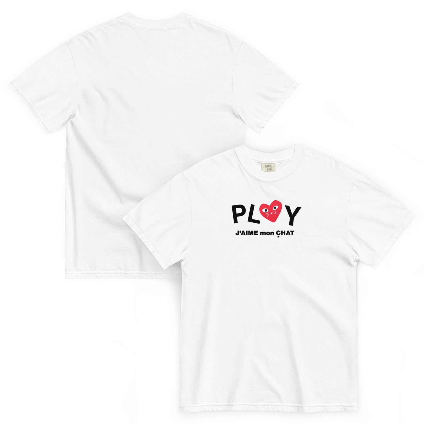 Two white t-shirts with a logo and text on a white background
