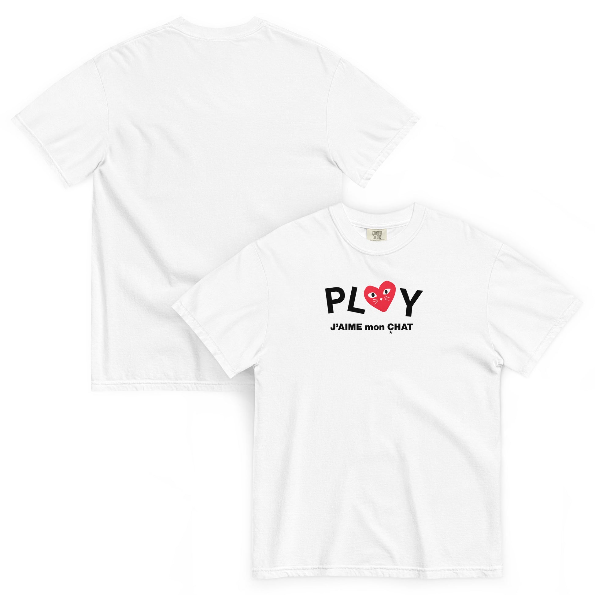 Two white t-shirts with a logo and text on a white background