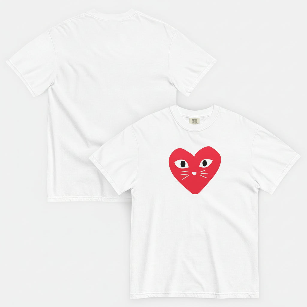 Front and back White t-shirt with a red heart design featuring cat ears and whiskers on a white background