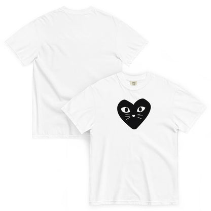 White t-shirt with a black heart-shaped cat design on a white background