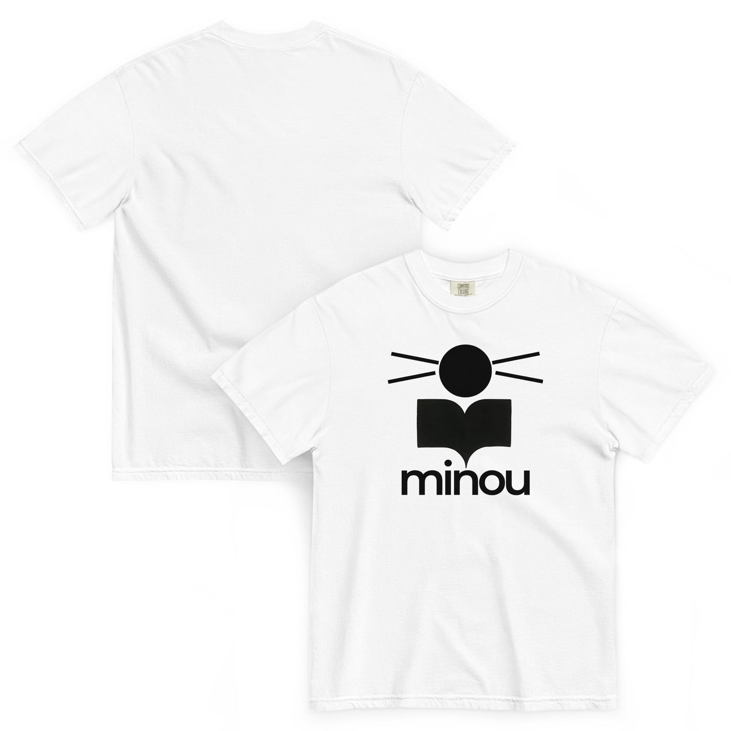White t-shirt with black 'minou' logo on a white background