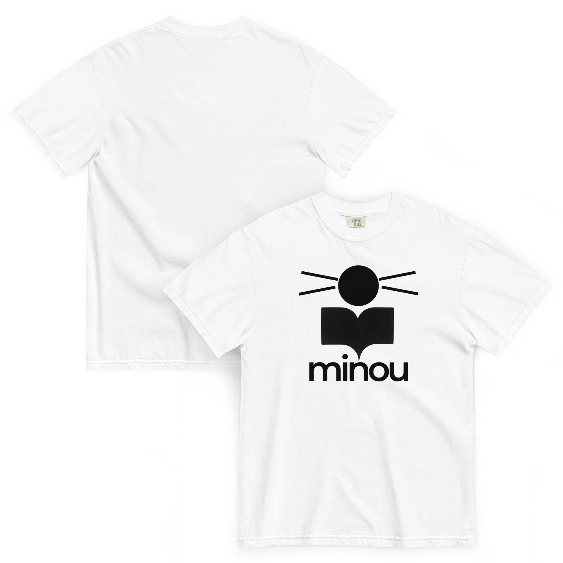 White t-shirt with black 'minou' logo on a white background