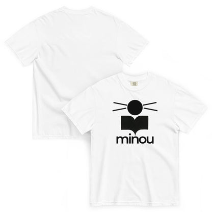 White t-shirt with black 'minou' logo on a white background