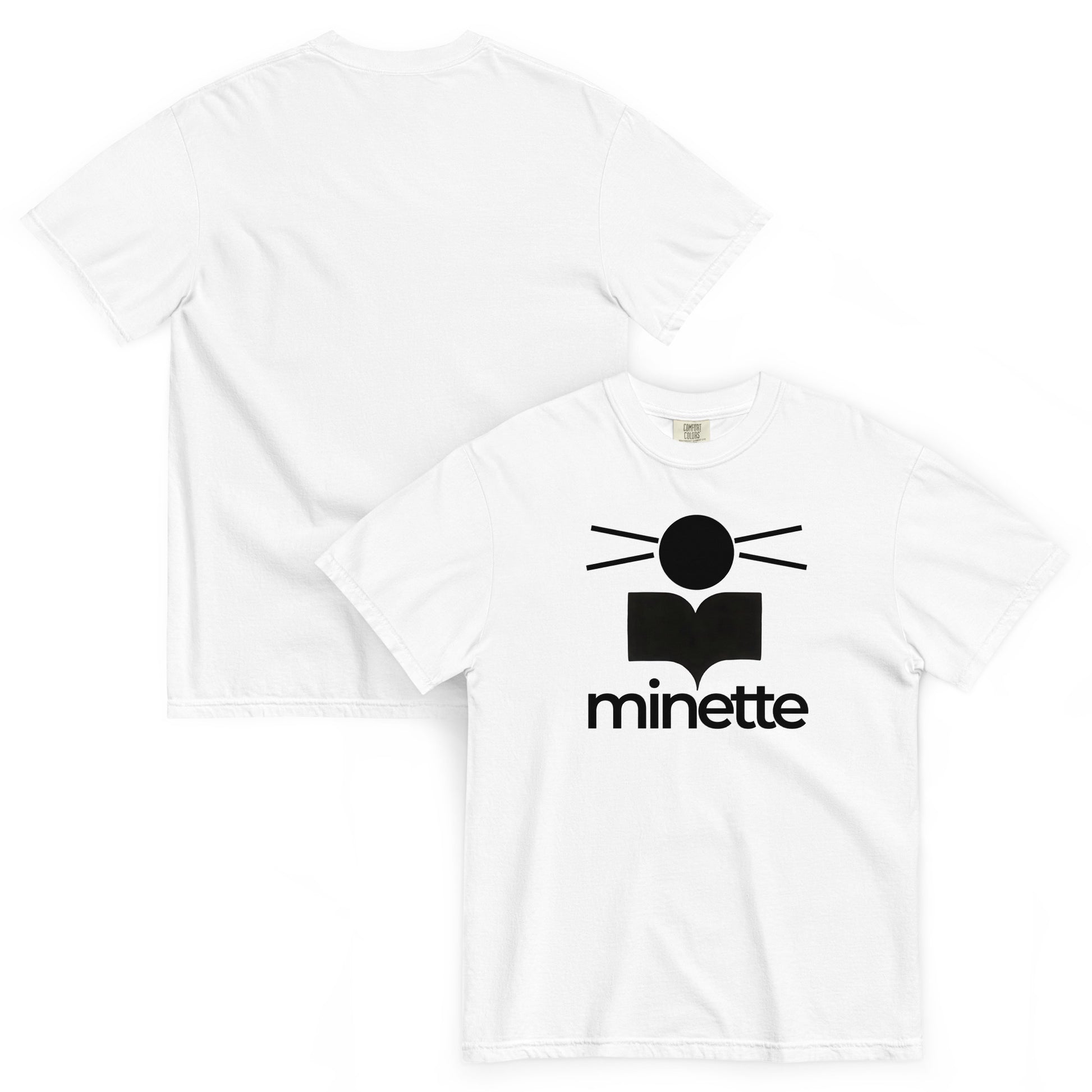 White t-shirt with black 'minette' logo on a white background