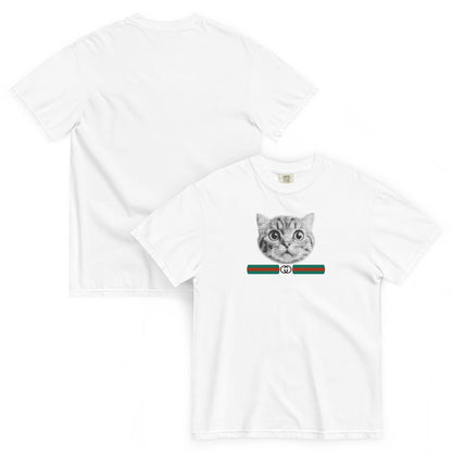 White t-shirt with a cat graphic and GG inspired logo on a white background