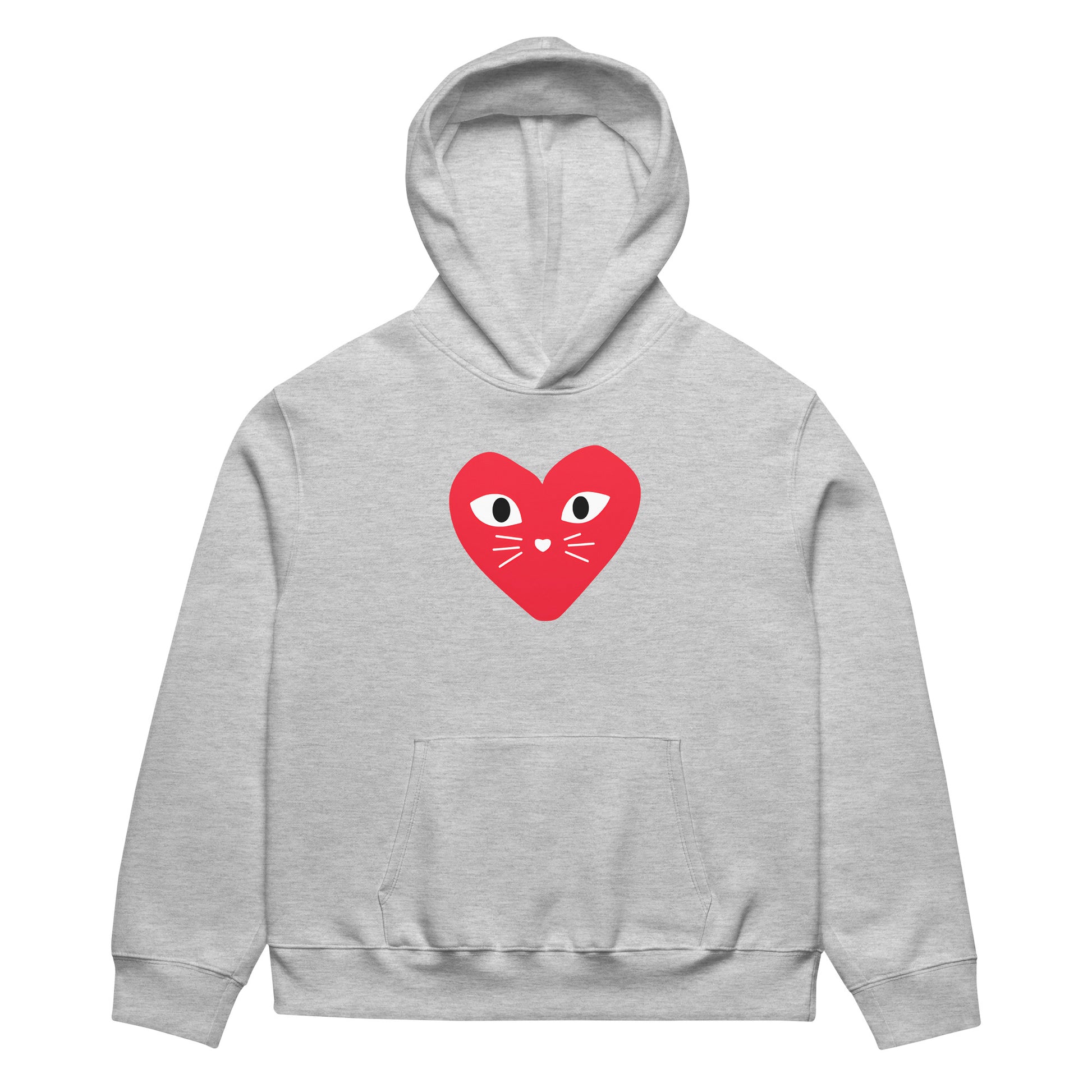 Gray hoodie with a red heart design featuring eyes and a mouth on a white background
