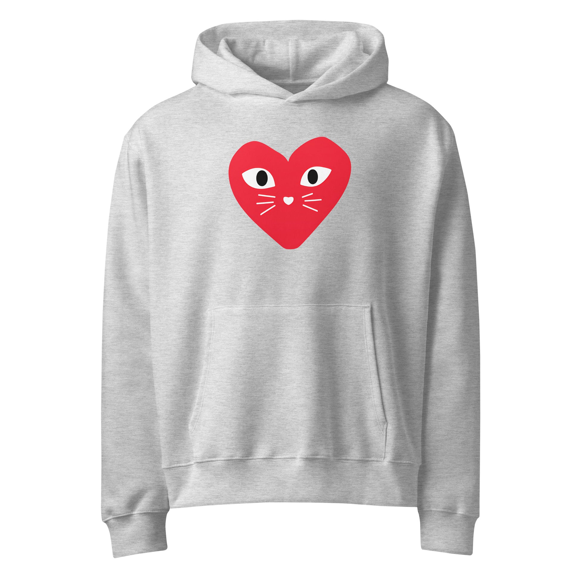 Gray hoodie with a red heart design featuring kitten eyes and a mouth on a white background