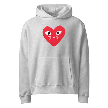 Gray hoodie with a red heart design featuring kitten eyes and a mouth on a white background