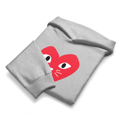 Gray sweatshirt with a red heart design on a white background