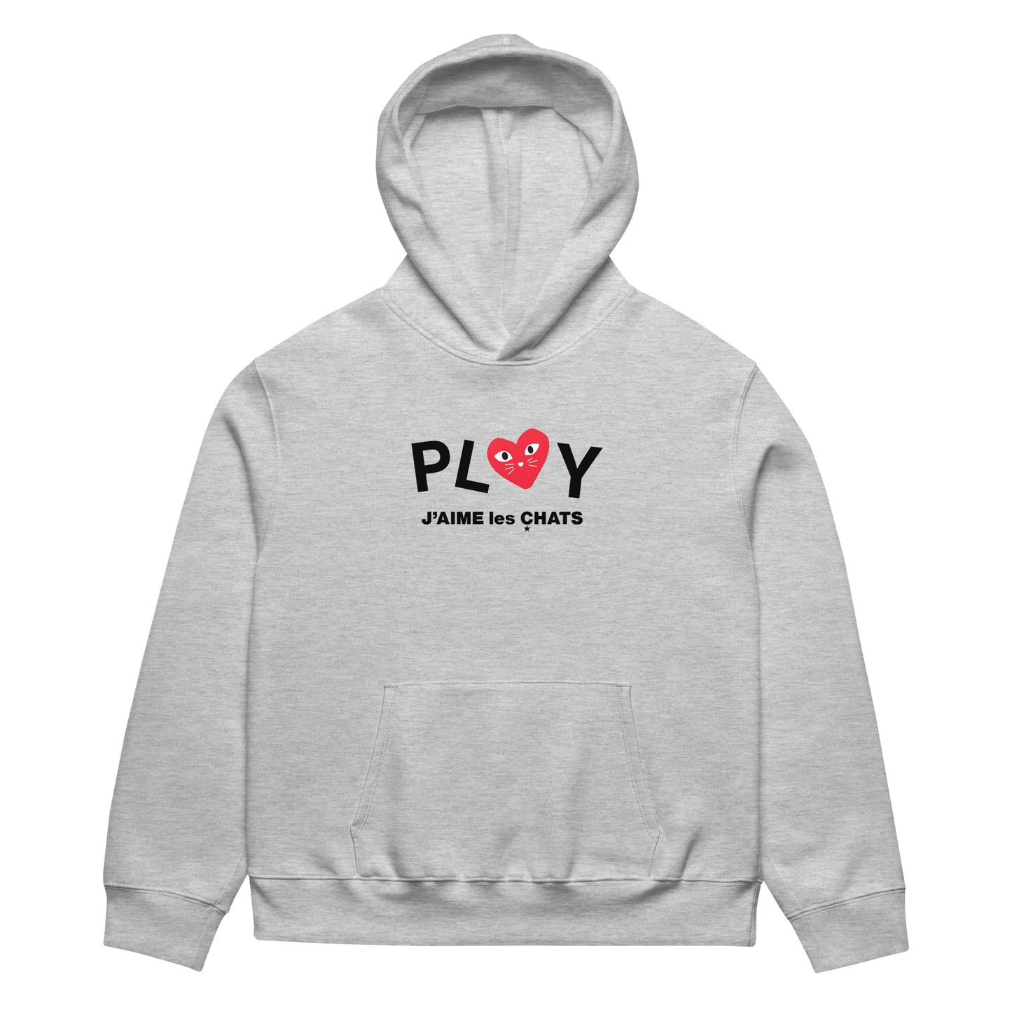 Gray hoodie with 'PLAY J'AIME LES CHATS' text and red heart on a white background