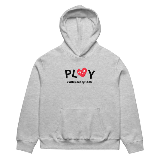Gray hoodie with 'PLAY J'AIME LES CHATS' text and red heart on a white background