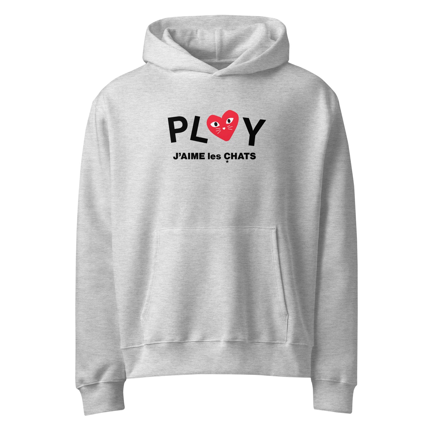 Gray hoodie with 'PLAY J'aime les Chats' text and heart shaped kitten graphic on a white background