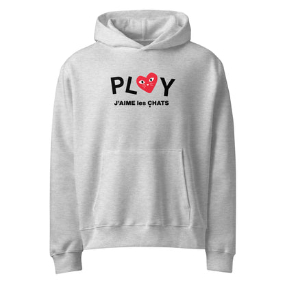 Gray hoodie with 'PLAY J'aime les Chats' text and heart shaped kitten graphic on a white background