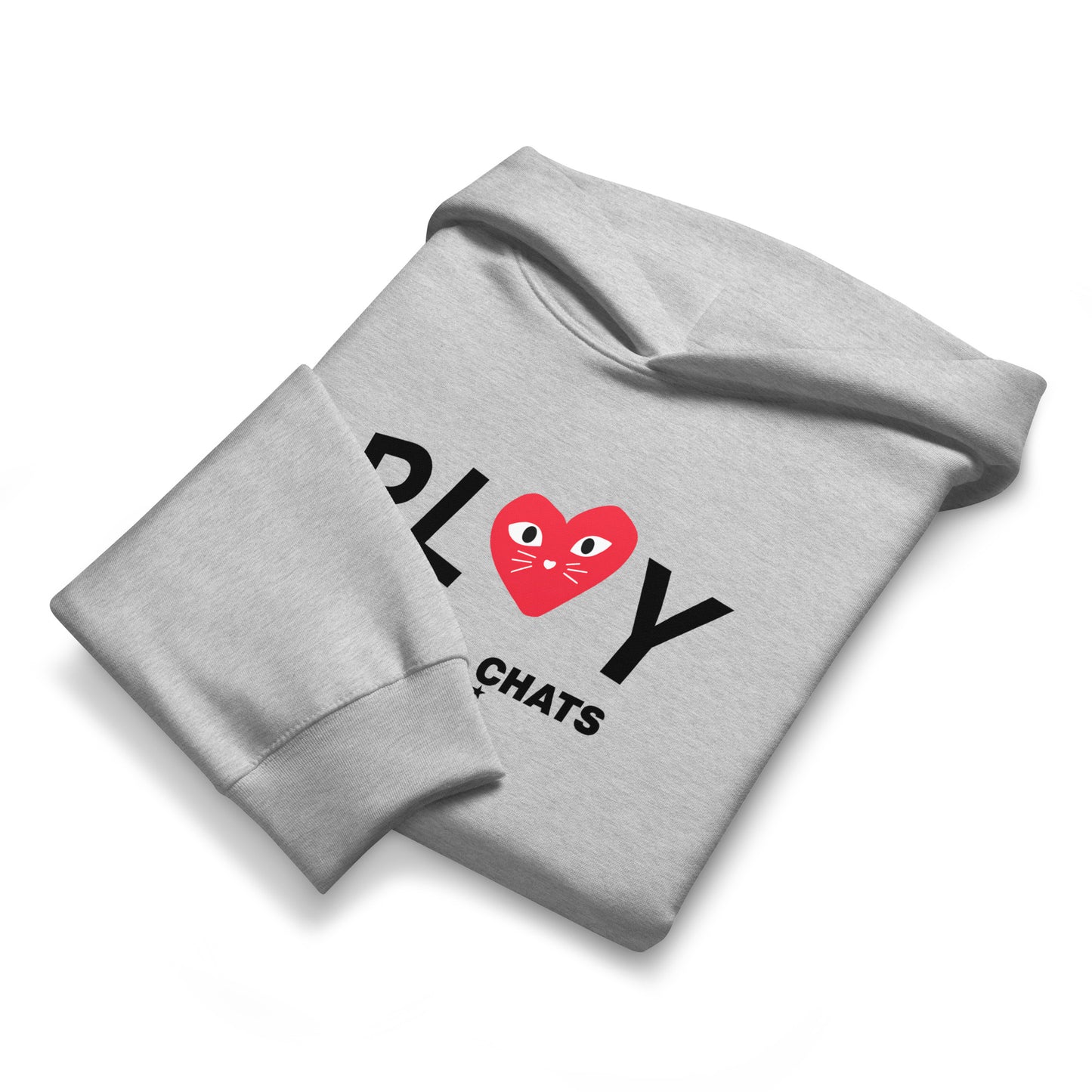 Folded gray hoodie with 'PLAY' text and heart design on a white background
