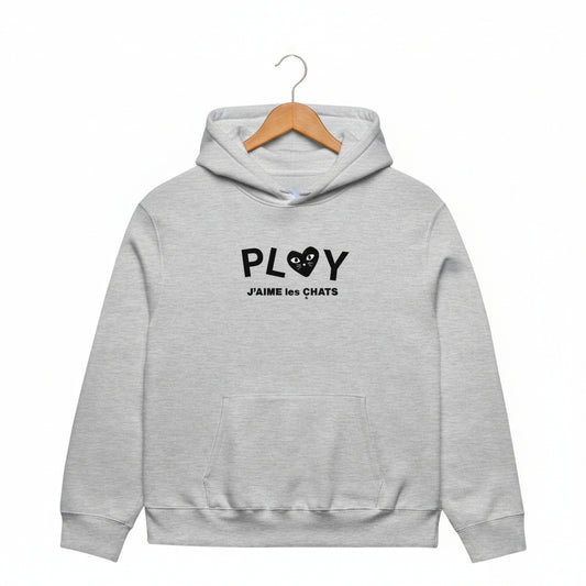 Gray hoodie with black text and logo on a white background