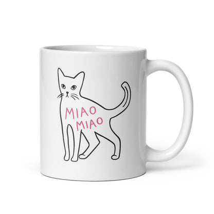 White mug with a black cat illustration and 'MIAO MIAO' text on a white background