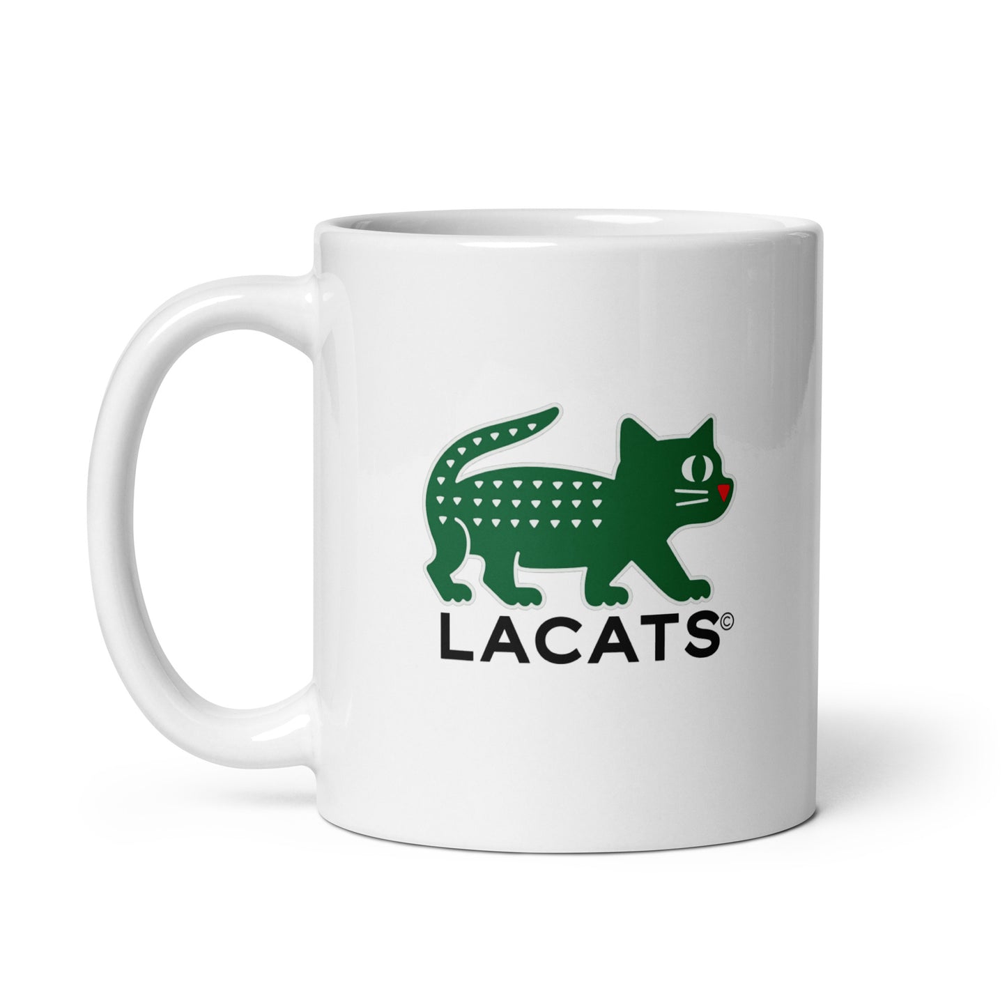 White mug with green logo and text 'LACATS' on a white background