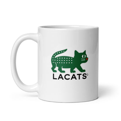 White mug with green logo and text 'LACATS' on a white background