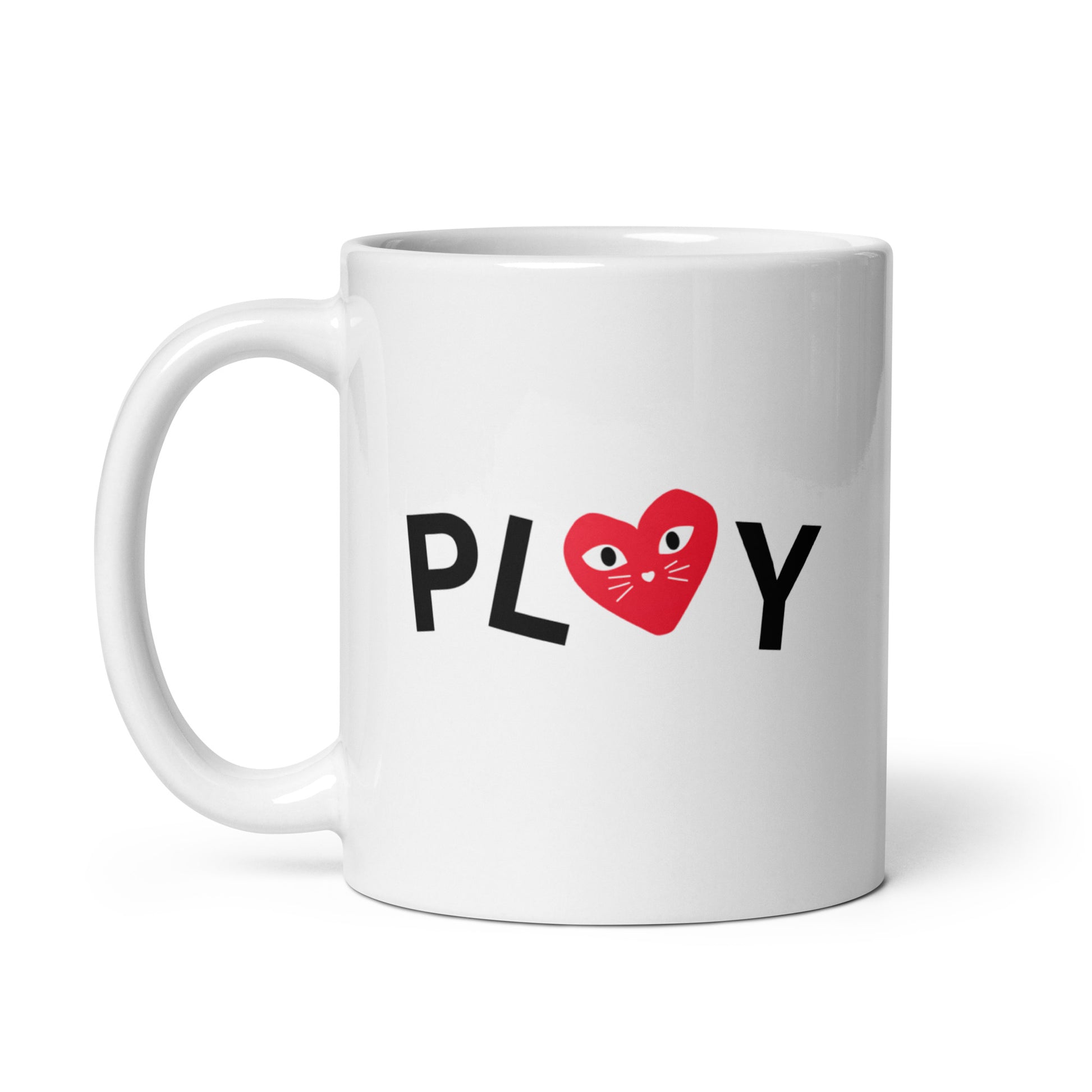 White mug with 'PLOY' text and a red heart design on a white background