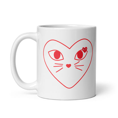 White mug with red heart-shaped cat face design on a white background