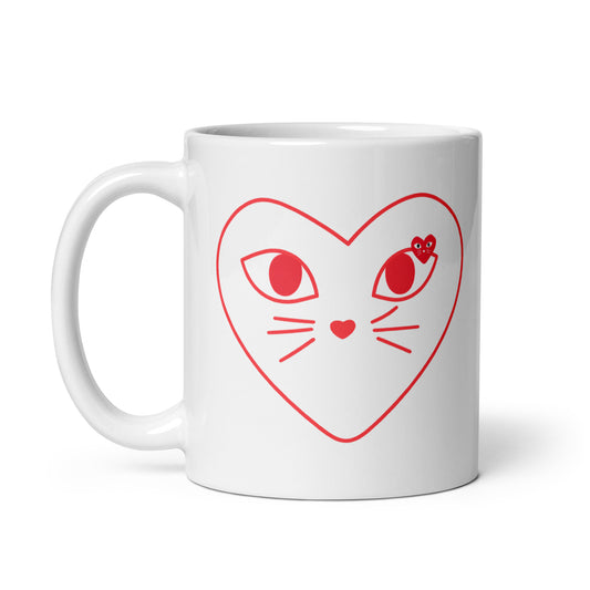 White mug with red heart-shaped cat face design on a white background