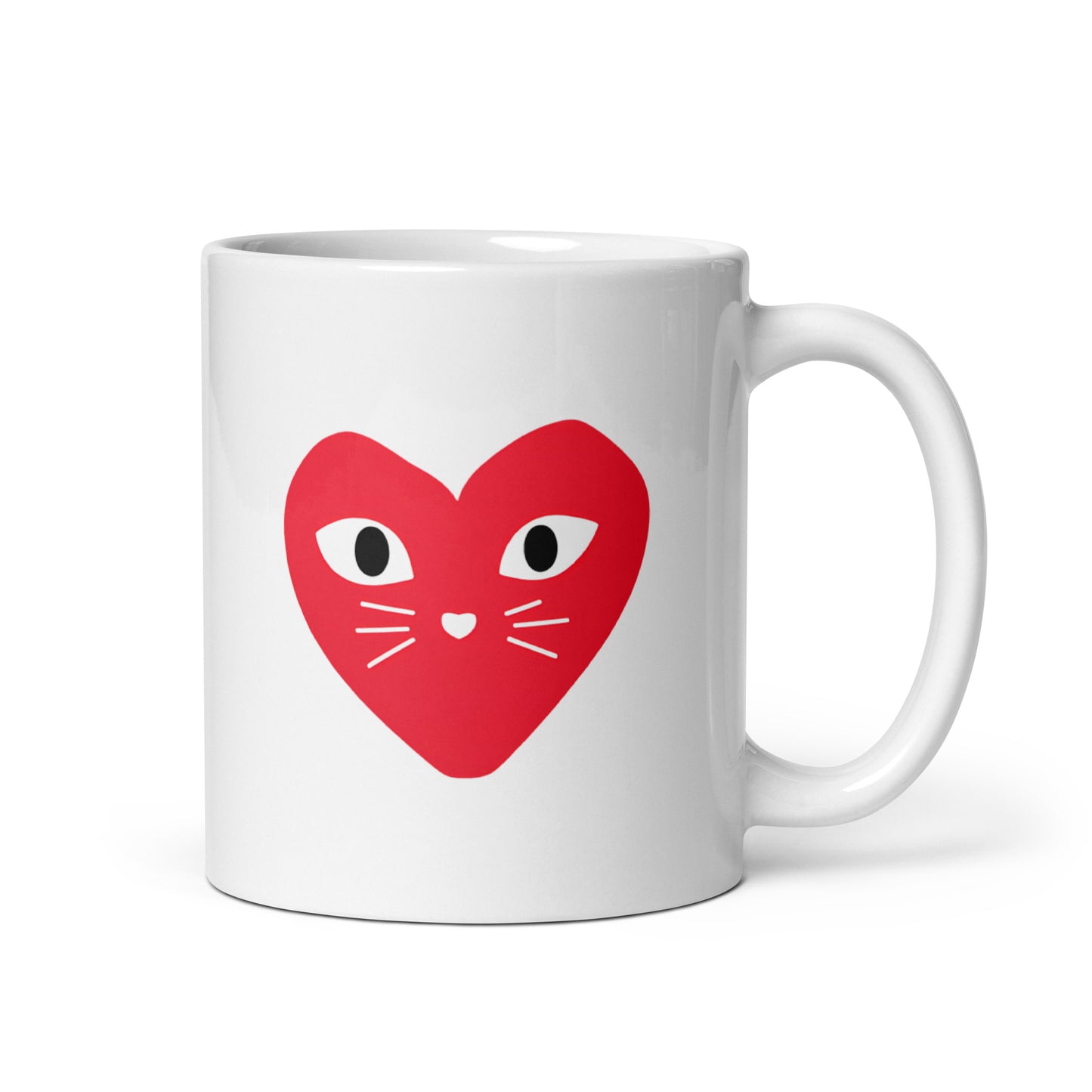 White mug with a red heart-shaped cat face design on a white background