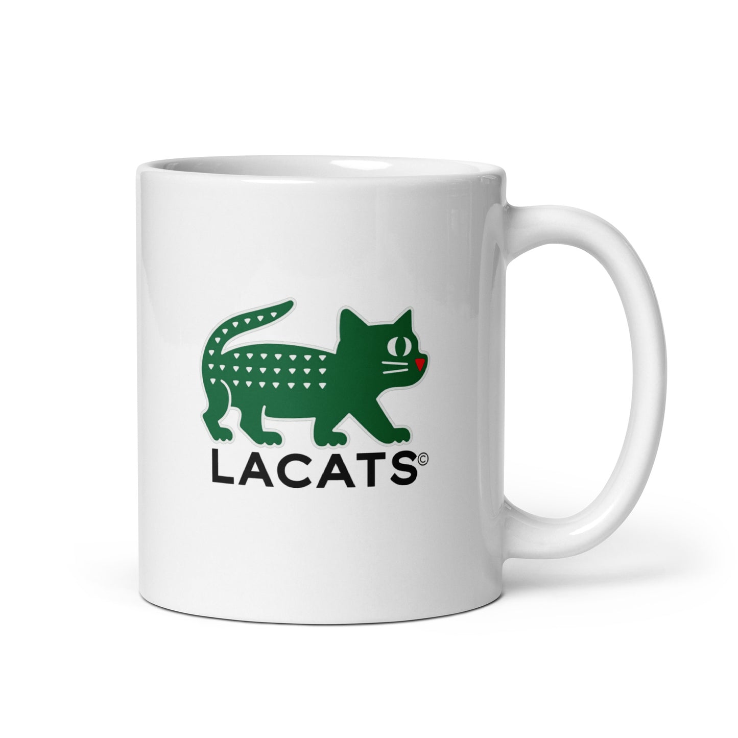 White mug with green cat logo and 'LACATS' text on a white background