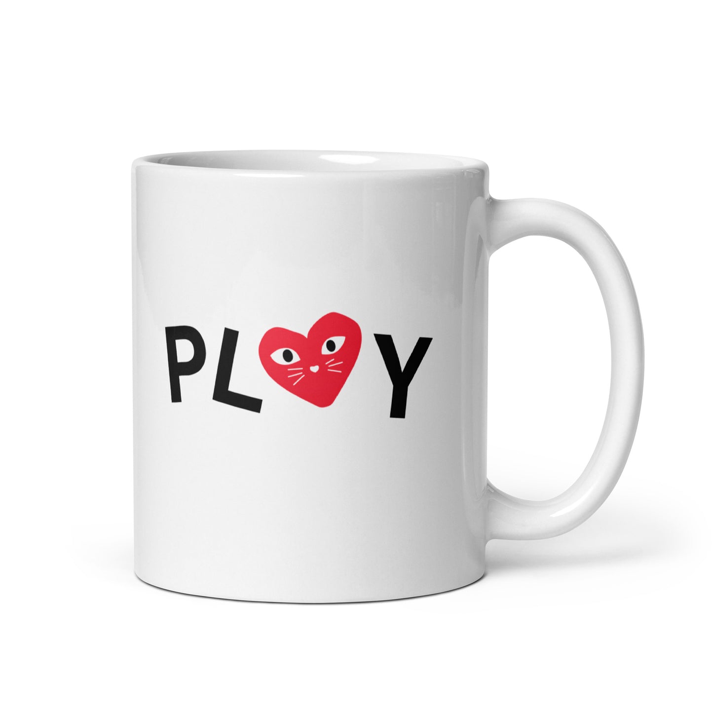 White mug with 'PLAY' text and a red heart design on a white background