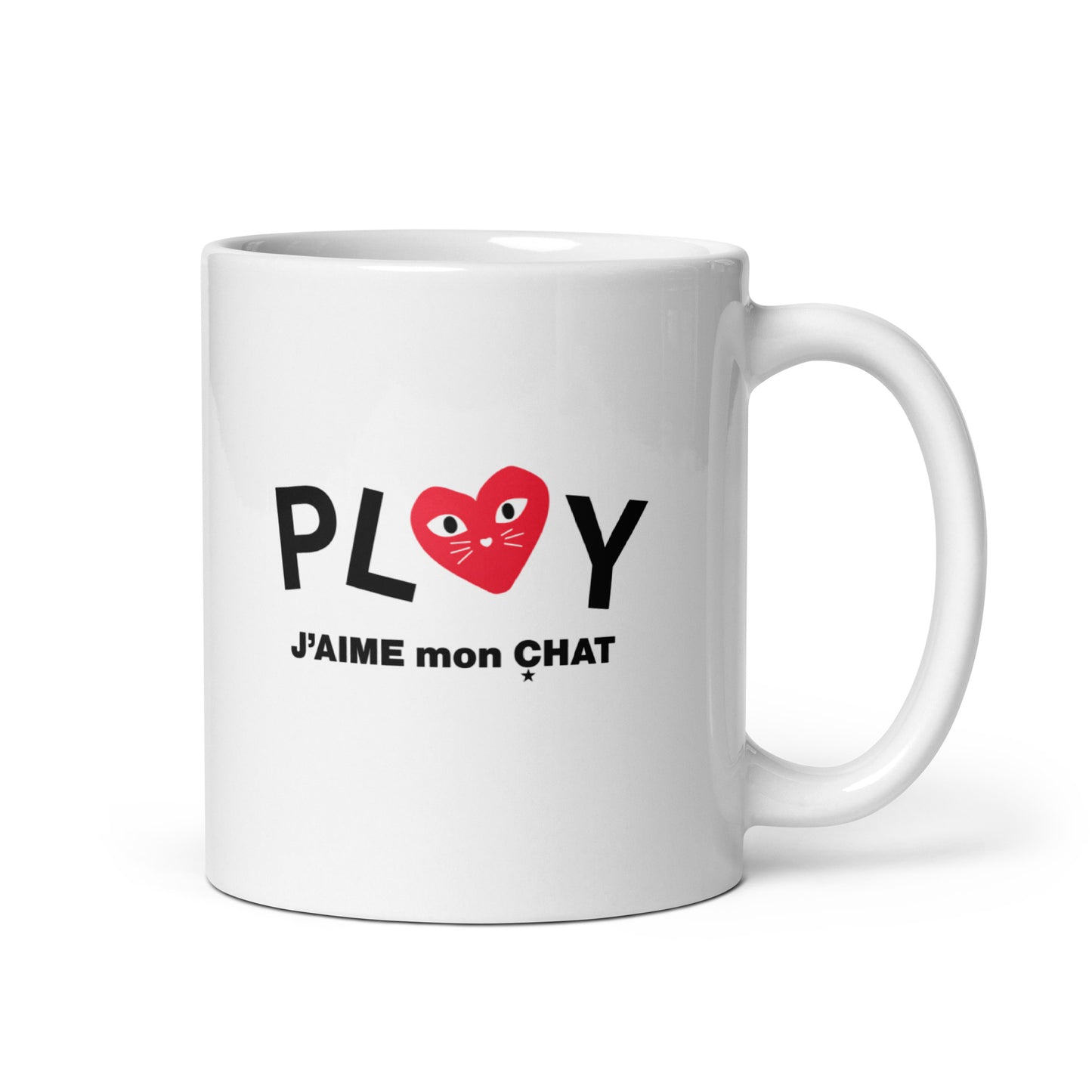 White mug with a red heart and text on a white background